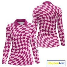 Load image into Gallery viewer, Plaid Womens Long Sleeve Golf Polo Shirt Custom Purple &amp; Pink Checkerboard Argyle Pattern Golf Shirts NHN0128