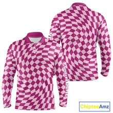 Load image into Gallery viewer, Plaid Long Sleeve Golf Polo Shirt Custom Purple &amp; Pink Checkerboard Argyle Pattern Golf Shirts NHN0128