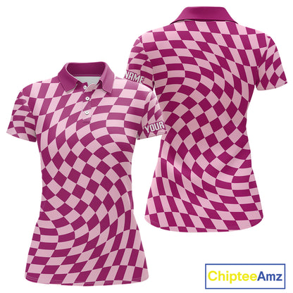Plaid Womens Golf Polo Shirt Custom Purple & Pink Checkerboard Argyle Pattern Golf Shirts For Ladies NHN0128