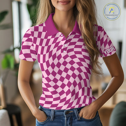 Plaid Womens Golf Polo Shirt Custom Purple & Pink Checkerboard Argyle Pattern Golf Shirts For Ladies NHN0128