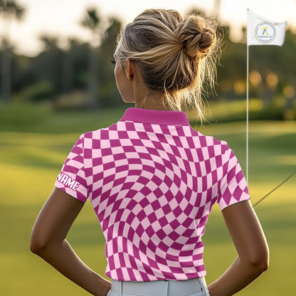 Plaid Womens Golf Polo Shirt Custom Purple & Pink Checkerboard Argyle Pattern Golf Shirts For Ladies NHN0128