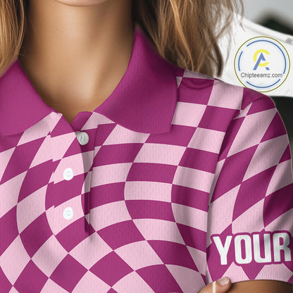 Plaid Womens Golf Polo Shirt Custom Purple & Pink Checkerboard Argyle Pattern Golf Shirts For Ladies NHN0128