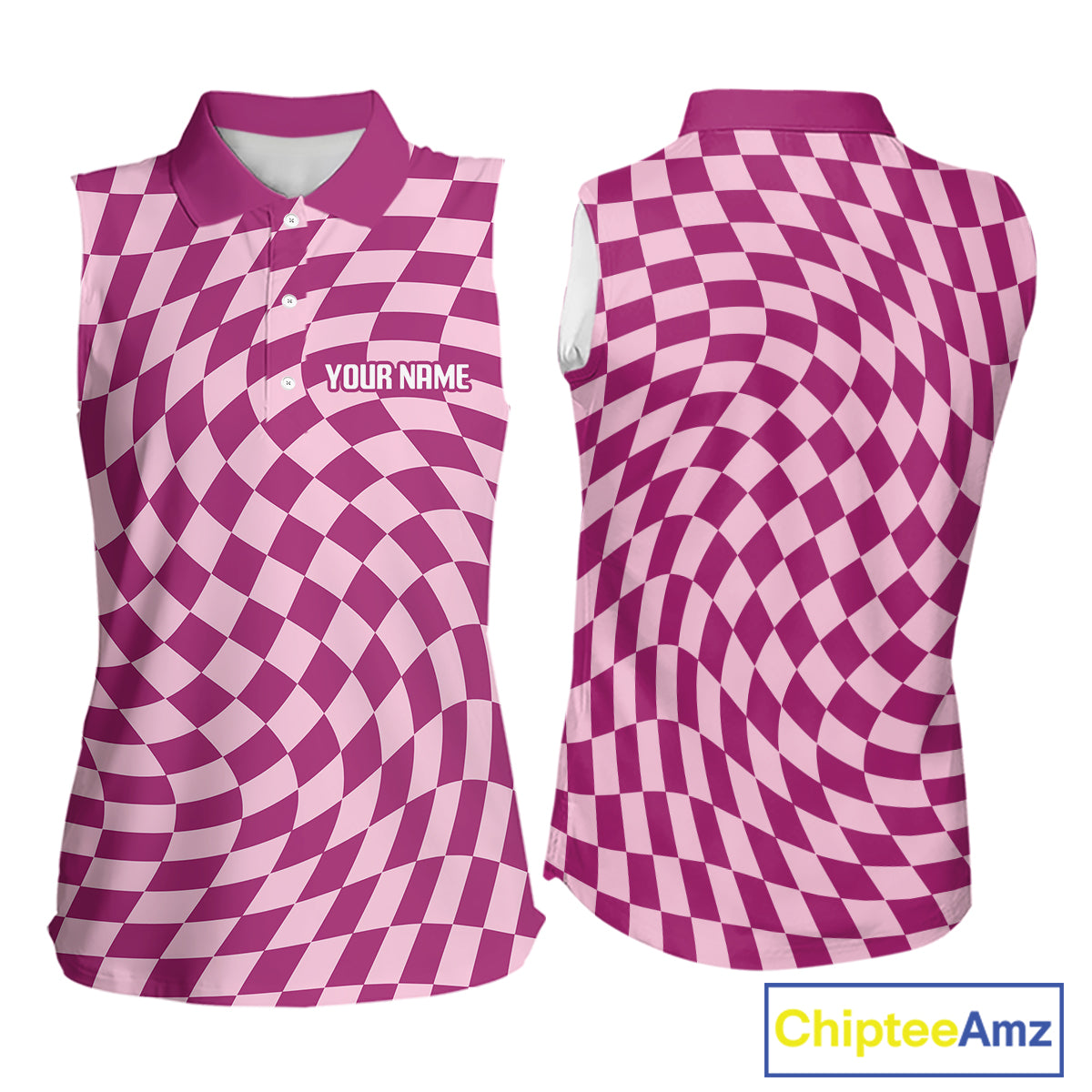 Plaid Womens Sleeveless Golf Polo Shirt Custom Purple & Pink Checkerboard Argyle Pattern Golf Gifts NHN0128