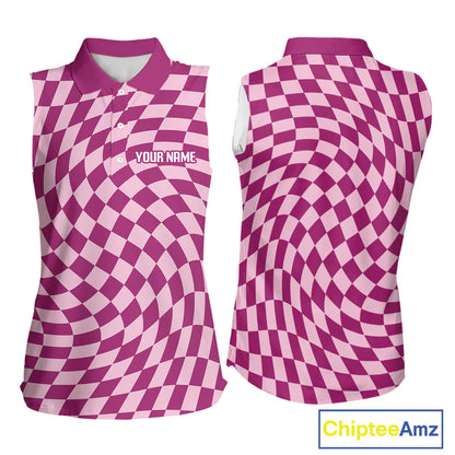 Plaid Womens Sleeveless Golf Polo Shirt Custom Purple & Pink Checkerboard Argyle Pattern Golf Gifts NHN0128