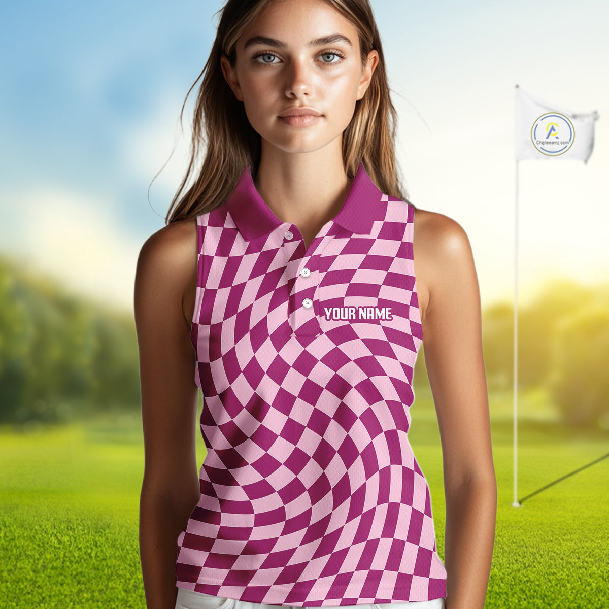 Plaid Womens Sleeveless Golf Polo Shirt Custom Purple & Pink Checkerboard Argyle Pattern Golf Gifts NHN0128