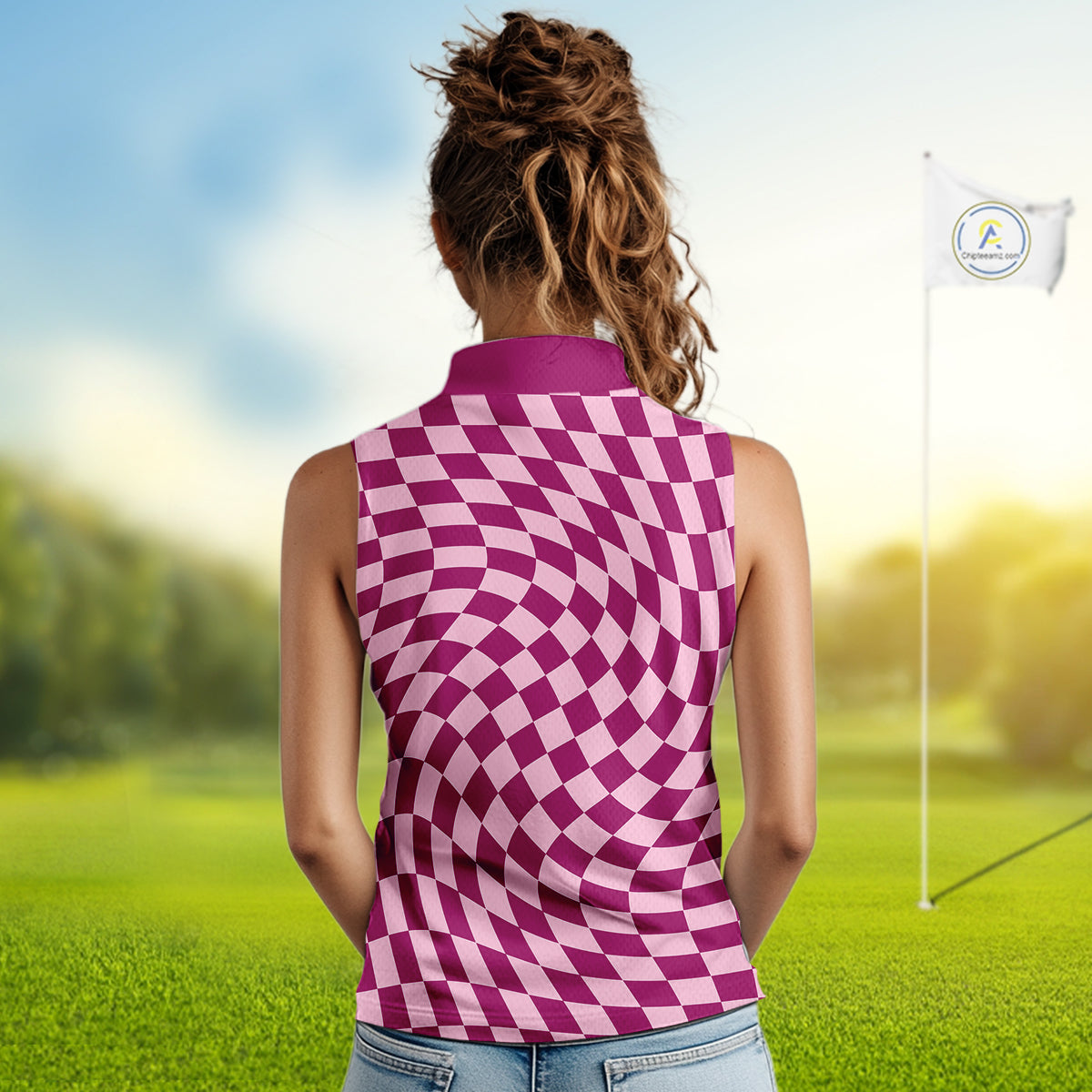 Plaid Womens Sleeveless Golf Polo Shirt Custom Purple & Pink Checkerboard Argyle Pattern Golf Gifts NHN0128