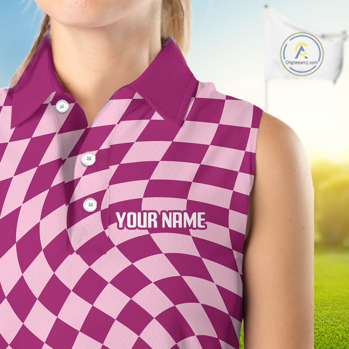 Plaid Womens Sleeveless Golf Polo Shirt Custom Purple & Pink Checkerboard Argyle Pattern Golf Gifts NHN0128