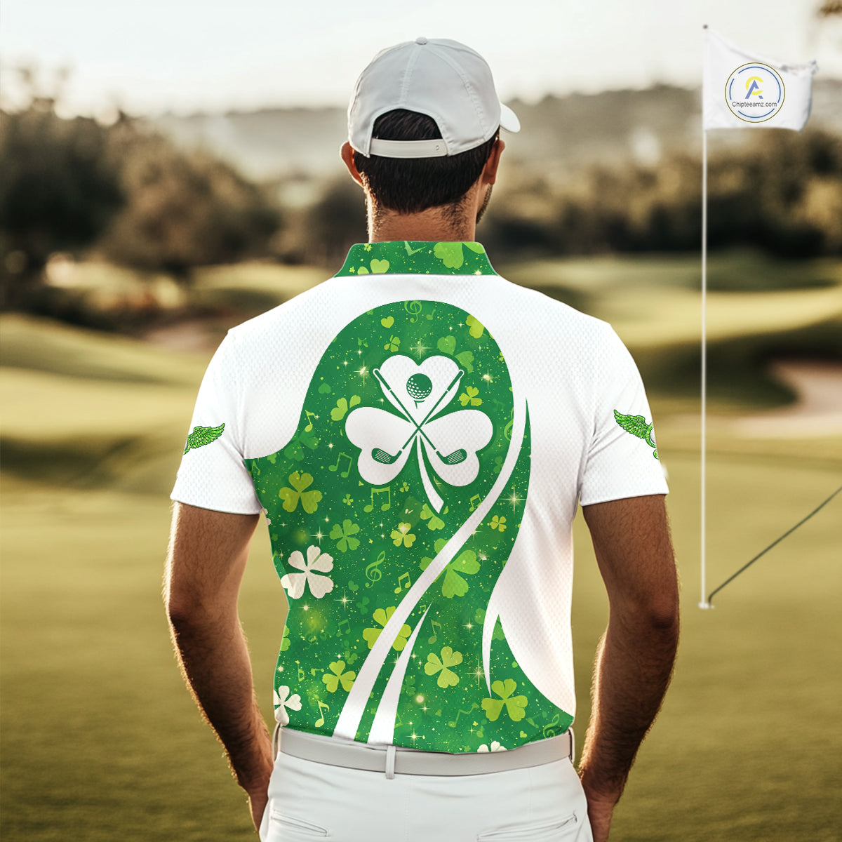 Mens Golf Polo Shirt Custom Name Green Music Angel Wing Golf Ball St Patrick’S Day Golf Outfit NHN0133