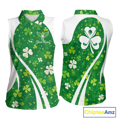Womens Sleeveless Golf Polo Shirt Custom Name Green Music Angel Wing Golf Ball St Patrick’S Day Shirt NHN0133