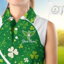 Load image into Gallery viewer, Womens Sleeveless Golf Polo Shirt Custom Name Green Music Angel Wing Golf Ball St Patrick’S Day Shirt NHN0133