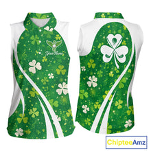Load image into Gallery viewer, Womens Sleeveless Golf Polo Shirt Custom Name Green Music Angel Wing Golf Ball St Patrick’S Day Shirt NHN0133