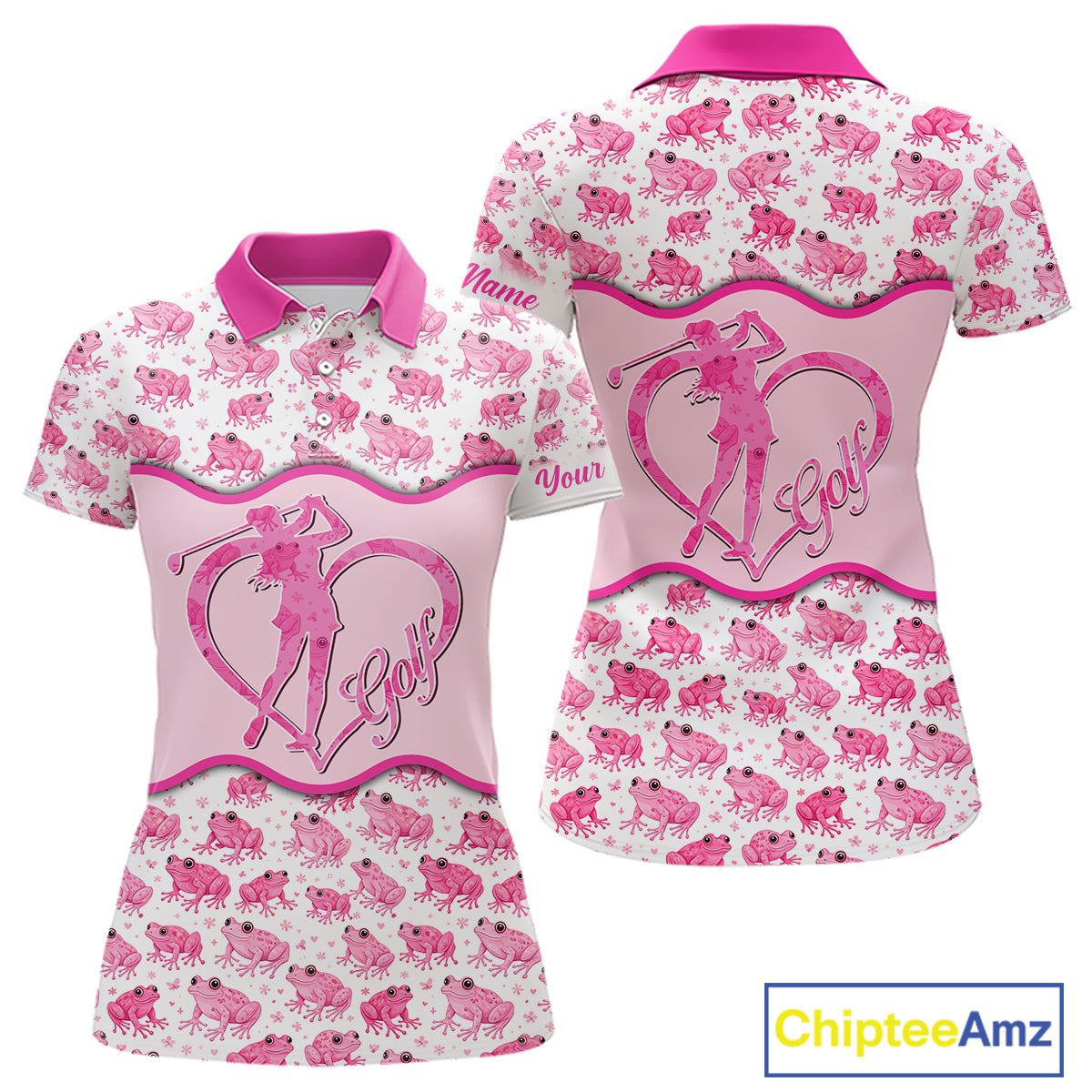 Funny Womens Golf Polo Shirts Custom Pink Frog Pattern Golf Attire For Ladies Personalized Golf Gifts NHN0137