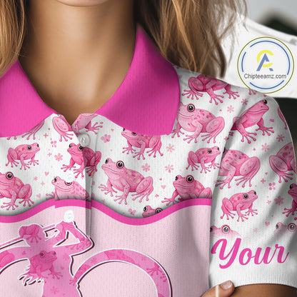 Funny Womens Golf Polo Shirts Custom Pink Frog Pattern Golf Attire For Ladies Personalized Golf Gifts NHN0137