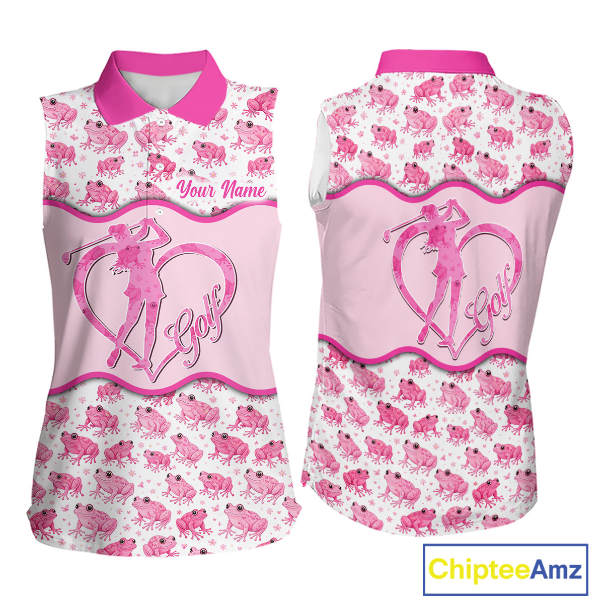 Funny Womens Sleeveless Golf Polo Shirt Custom Pink Frog Pattern Golf Attire For Ladies Golf Gifts NHN0137