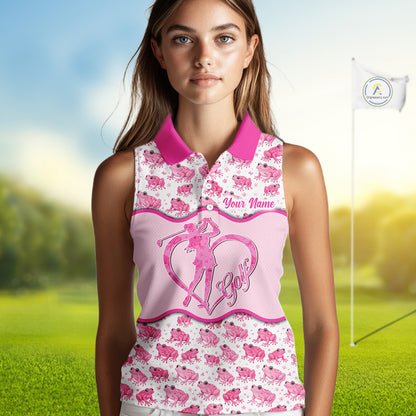 Funny Womens Sleeveless Golf Polo Shirt Custom Pink Frog Pattern Golf Attire For Ladies Golf Gifts NHN0137