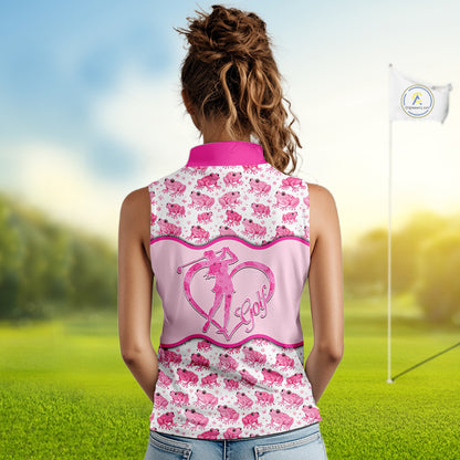 Funny Womens Sleeveless Golf Polo Shirt Custom Pink Frog Pattern Golf Attire For Ladies Golf Gifts NHN0137