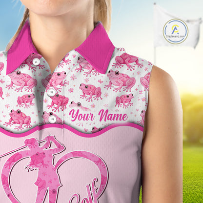 Funny Womens Sleeveless Golf Polo Shirt Custom Pink Frog Pattern Golf Attire For Ladies Golf Gifts NHN0137