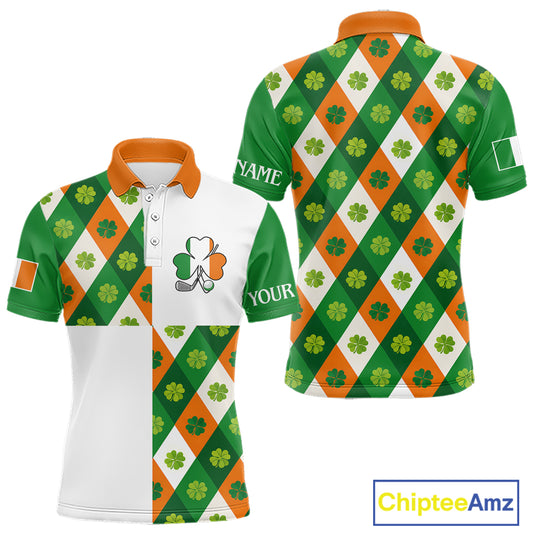 Argyle Mens Golf Polo Shirts Custom Ireland Flag St Patricks Day Green Clovers Plaid Golf Tops NHN0141