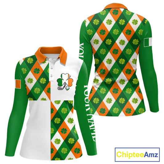 Argyle Womens Long Sleeve Golf Polo Shirt Custom Ireland Flag St Patricks Day Green Clovers Plaid Golf Top NHN0141
