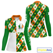 Load image into Gallery viewer, Argyle Womens Long Sleeve Golf Polo Shirt Custom Ireland Flag St Patricks Day Green Clovers Plaid Golf Top NHN0141