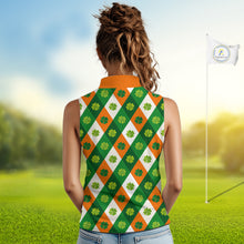 Load image into Gallery viewer, Argyle Womens Sleeveless Golf Polo Shirt Custom Ireland Flag St Patricks Day Green Clovers Plaid Golf Top NHN0141