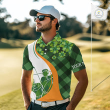 Load image into Gallery viewer, Mens Golf Polos Shirts Custom Green Clover St Patricks Day Plaid Pattern Golf Tops Personalized NHN0144