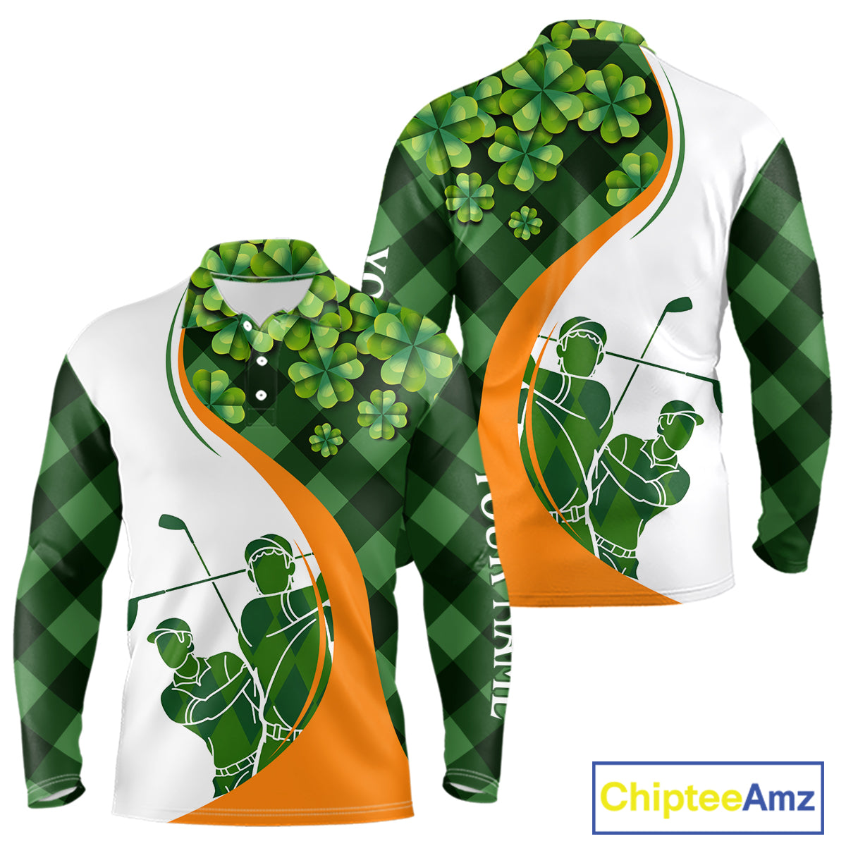 Long Sleeve Golf Polo Shirt Custom Green Clover St Patricks Day Plaid Pattern Golf Tops Personalized NHN0144