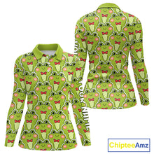 Load image into Gallery viewer, Funny Green Frog Pattern Womens Long Sleeve Golf Polo Shirt Custom Golf Attire For Ladies, Golfer Gift NHN0146