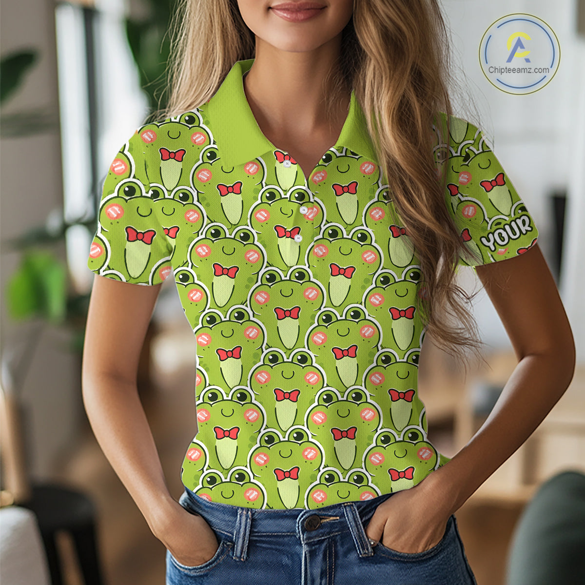 Funny Green Frog Pattern Womens Golf Polo Shirts Custom Golf Attire For Ladies, Golfer Gift NHN0146