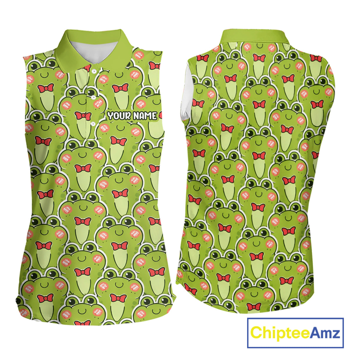 Funny Green Frog Pattern Womens Sleeveless Golf Polo Shirt Custom Golf Attire For Ladies, Golfer Gift NHN0146
