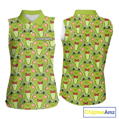 Funny Green Frog Pattern Womens Sleeveless Golf Polo Shirt Custom Golf Attire For Ladies, Golfer Gift NHN0146