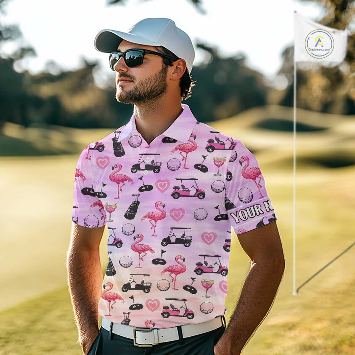 Mens Golf Polo Shirts Custom Funny Flamingo Heart Pattern Team Golf Tops For Men, Golf Gifts NHN0176