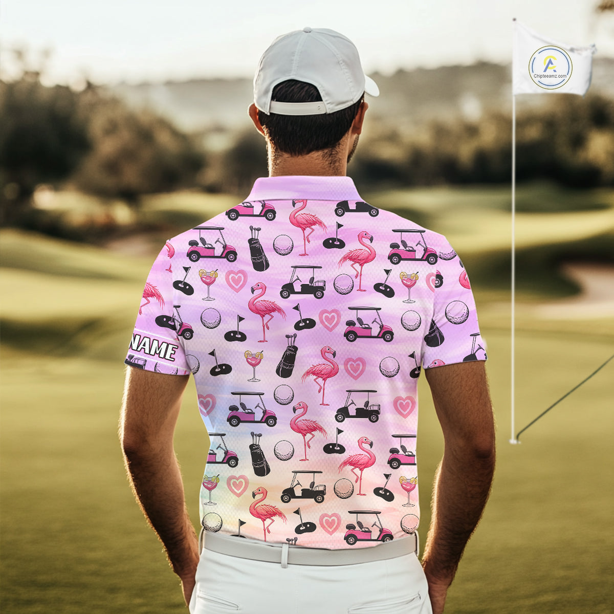 Mens Golf Polo Shirts Custom Funny Flamingo Heart Pattern Team Golf Tops For Men, Golf Gifts NHN0176