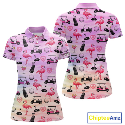 Womens Golf Polo Shirts Custom Funny Flamingo Heart Pattern Team Ladies Golf Tops, Golf Gifts NHN0176