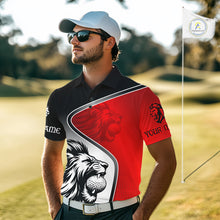 Load image into Gallery viewer, Lion Mens Golf Polo Shirt Custom Red And Black Pattern Lion Golf Ball Best Golf Shirt For Men NHN0058