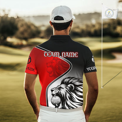 Lion Mens Golf Polo Shirt Custom Red And Black Pattern Lion Golf Ball Best Golf Shirt For Men NHN0058
