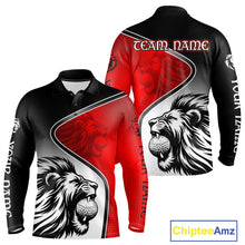 Load image into Gallery viewer, Lion Mens Golf Polo Shirt Long Sleeve Custom Red &amp; Black Pattern Lion Golf Ball Best Golf Shirt For Men NHN0058