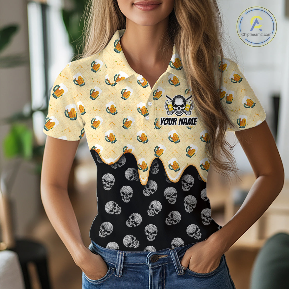 Womens Golf Polo Shirt Beer Skull Golf Pattern Custom Team Golf Tops, Funny Golf Gifts For Ladies NHN0200