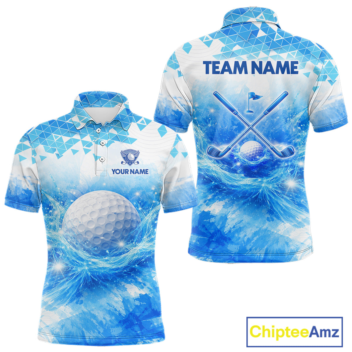 Luxury Blue Mens Golf Polo Shirt Custom Water Splash Pattern With Golf Ball, Team Name Golf Tops NHN0219