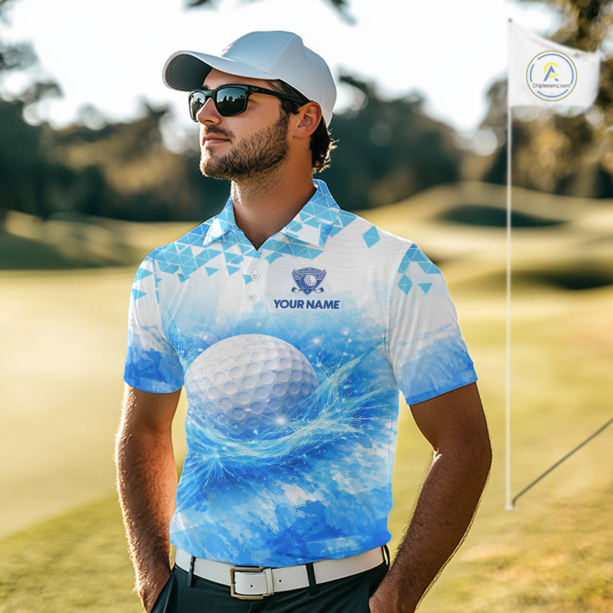 Luxury Blue Mens Golf Polo Shirt Custom Water Splash Pattern With Golf Ball, Team Name Golf Tops NHN0219
