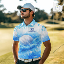 Load image into Gallery viewer, Luxury Blue Mens Golf Polo Shirt Custom Water Splash Pattern With Golf Ball, Team Name Golf Tops NHN0219