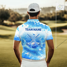 Load image into Gallery viewer, Luxury Blue Mens Golf Polo Shirt Custom Water Splash Pattern With Golf Ball, Team Name Golf Tops NHN0219