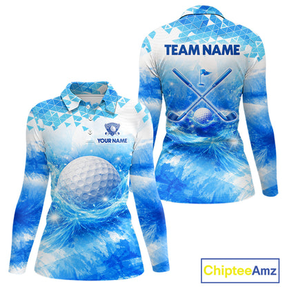 Blue Womens Long Sleeve Golf Polo Shirt Custom Water Splash Pattern With Golf Ball, Team Golf Tops NHN0219