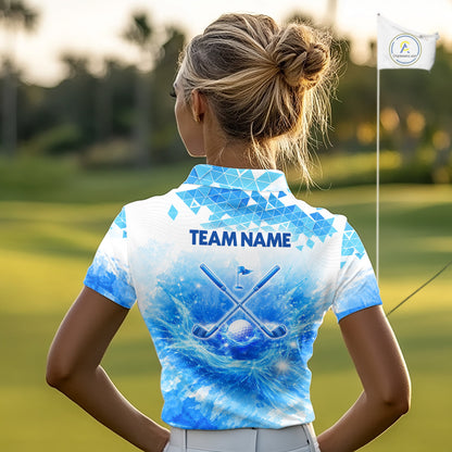 Luxury Blue Womens Golf Polo Shirt Custom Water Splash Pattern With Golf Ball Team Name Golf Tops NHN0219