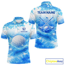 Load image into Gallery viewer, Luxury Blue Mens Golf Polo Shirt Custom Water Splash Pattern With Golf Ball, Team Name Golf Tops NHN0219