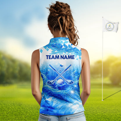 Blue Womens Sleeveless Golf Polo Shirt Custom Water Splash Pattern With Golf Ball Team Golf Top NHN0219