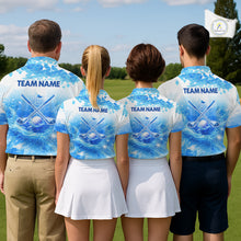 Load image into Gallery viewer, Luxury Blue Mens Golf Polo Shirt Custom Water Splash Pattern With Golf Ball, Team Name Golf Tops NHN0219