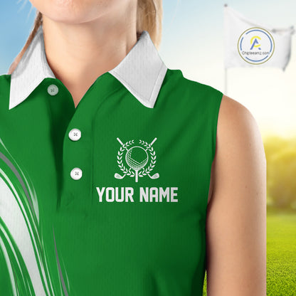 Green And White Womens Sleeveless Golf Polo Shirt Custom Golf Shirts For Team Personalized Golf Gifts NHN0095