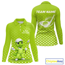 Load image into Gallery viewer, Funny Dinosaur Long Sleeve Golf Polo Shirt Green Pattern Custom Dinosaur Golf Shirts For Women NHN0100