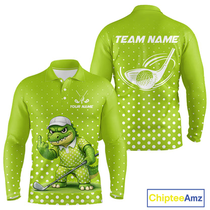 Funny Alligator Mens Long Sleeve Golf Polo Shirt Custom Name Green Men Golf Apparel Funny Golf Gifts NHN0104